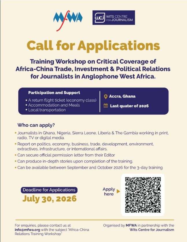 MFWA 2026 Fully Funded Training Workshop for Journalists in Anglophone West Africa: Apply to Strengthen Your Reporting on Africa–China Trade, Investment and Political Relations