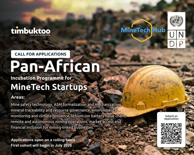 The UNDP Timbuktoo Pan-African MineTech Startup Incubation Programme 2026 for African MineTech startup.