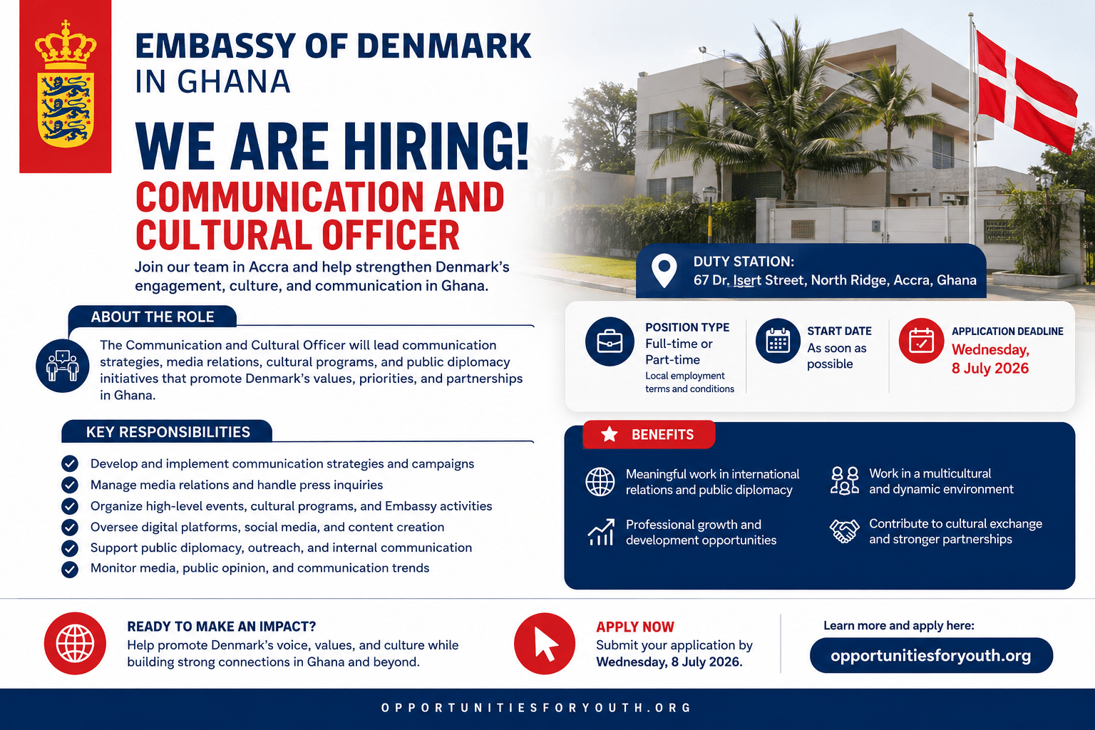 Embassy of Denmark in Ghana Recruitment 2026: Communication and Cultural Officer Position Open in Accra