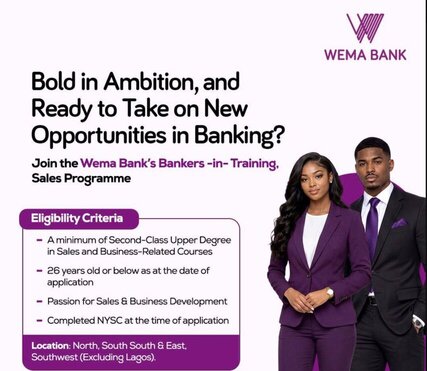The Wema Bank Plc Bankers-In-Training (Sales) Programme 2026 for young Nigerian graduates.