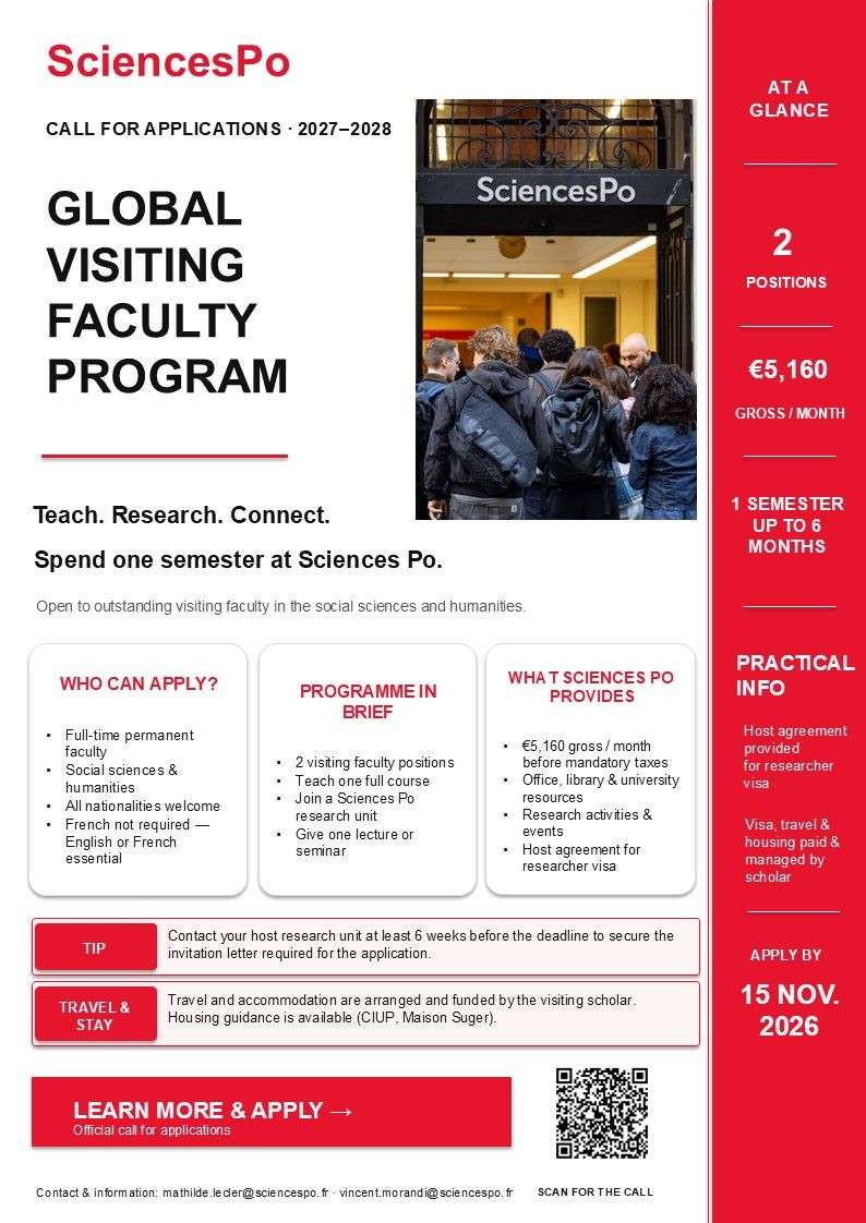 Sciences Po Visiting Faculty Opportunities 2027–2028: Teach, Conduct Research and Build Academic Connections in Paris.